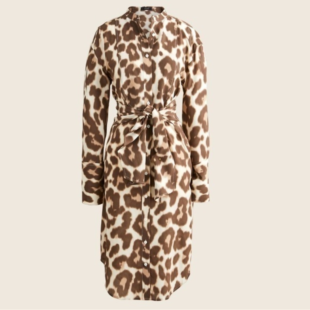 J Crew 100% Silk ShirtDress in Brown Neutrals Animal Print Long Sleeves It#C37